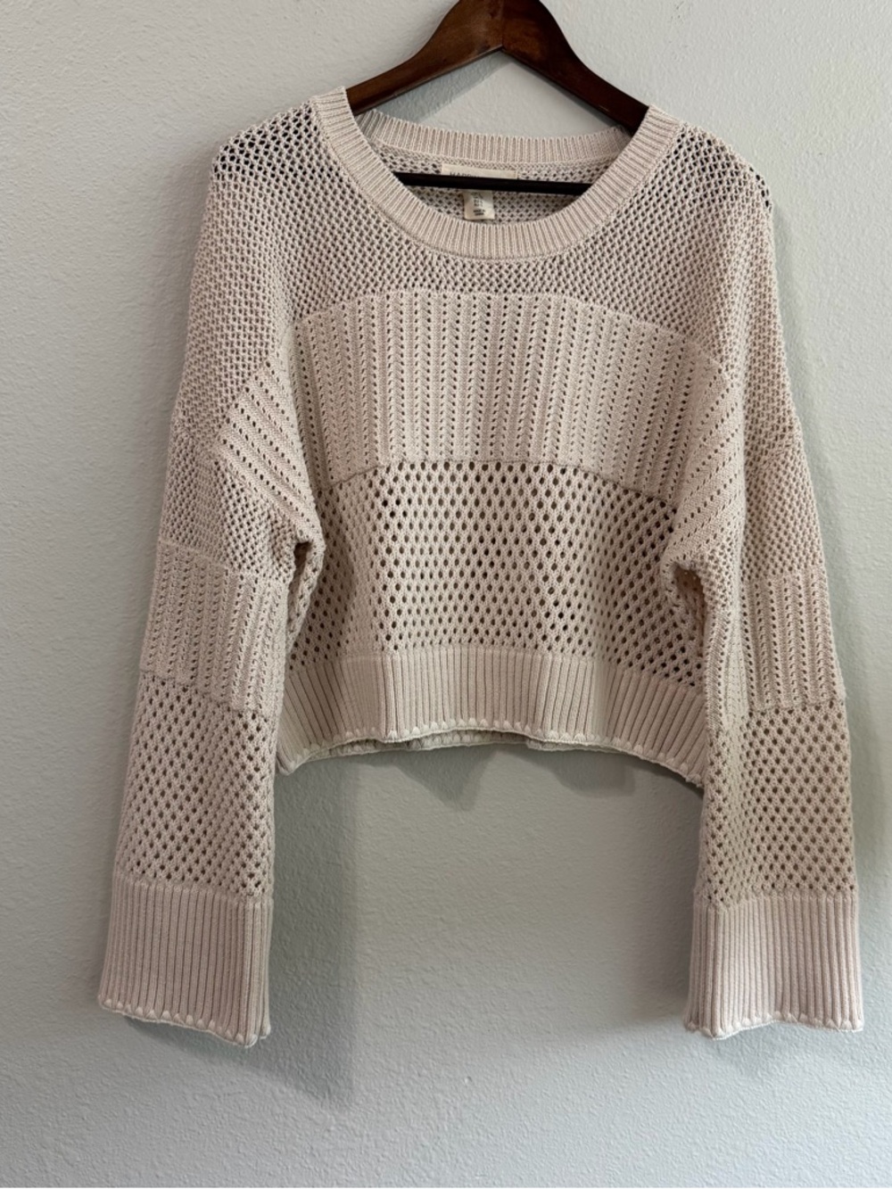 Happily Grey Knit Sweater Beige Crochet Size Large Long Bell Sleeves Boho G